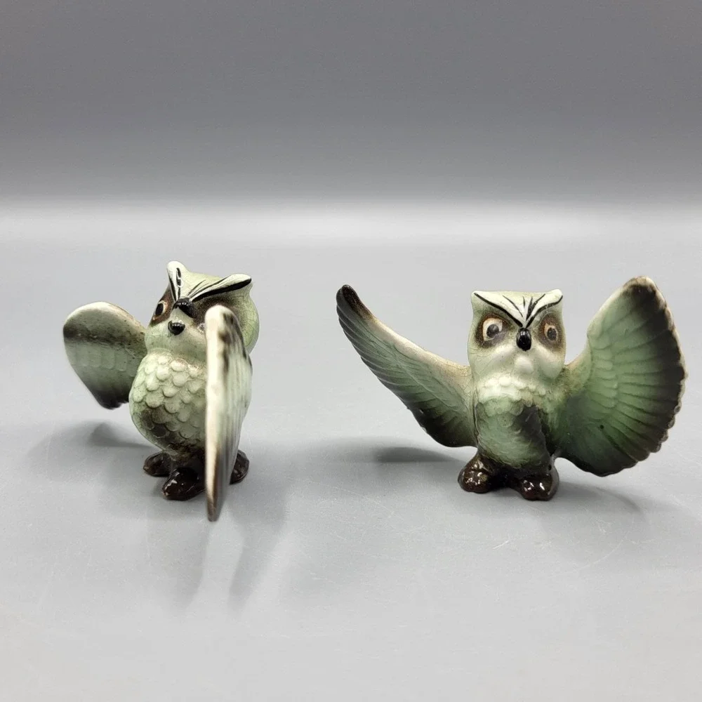 Vintage Ceramic Owl Figurines Pair With Open Wings Home Shelf Decor